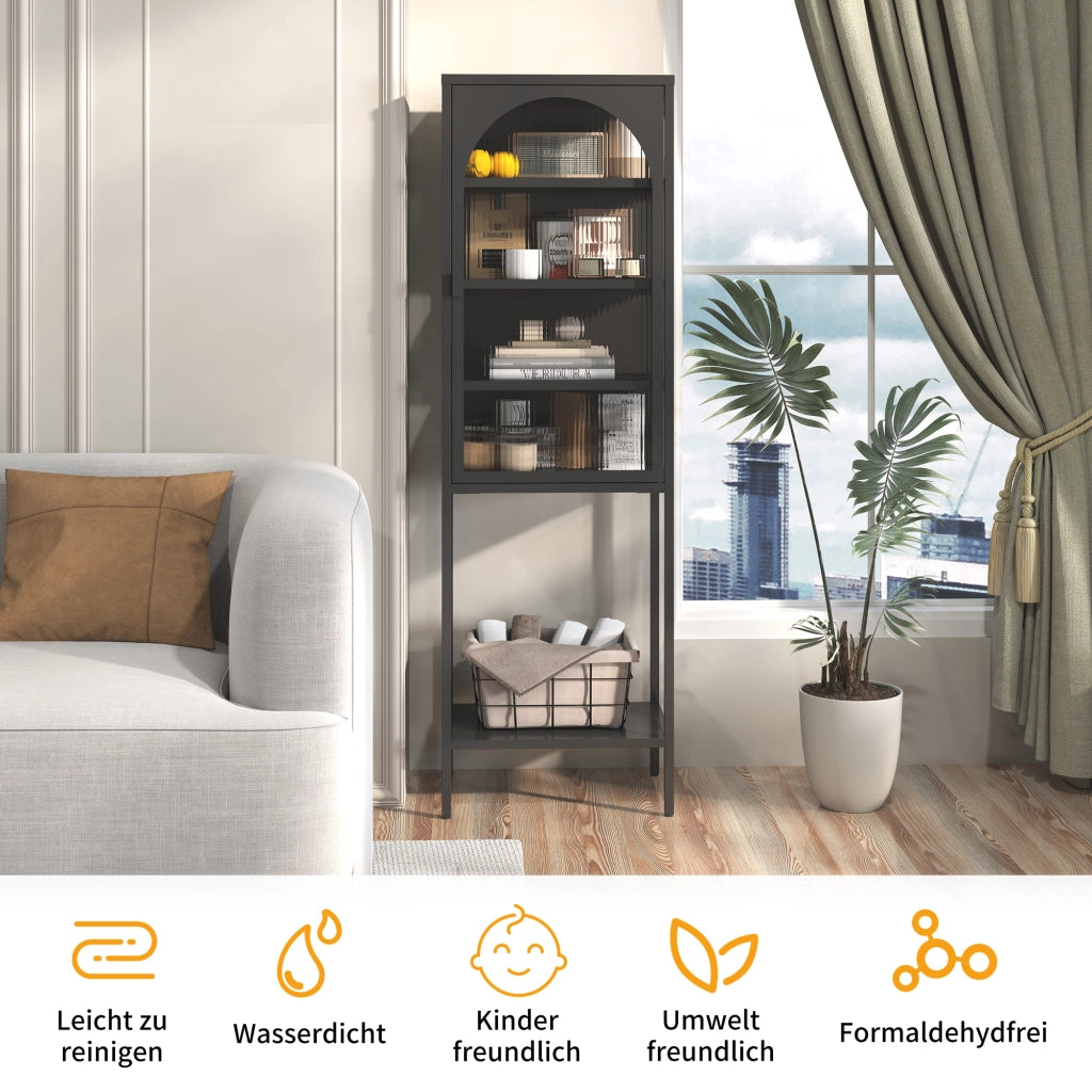 Vetrina a parete in acciaio e vetro con anta con serratura e 3 ripiani regolabili per cucina e garage nero 160 × 50 × 35 cm