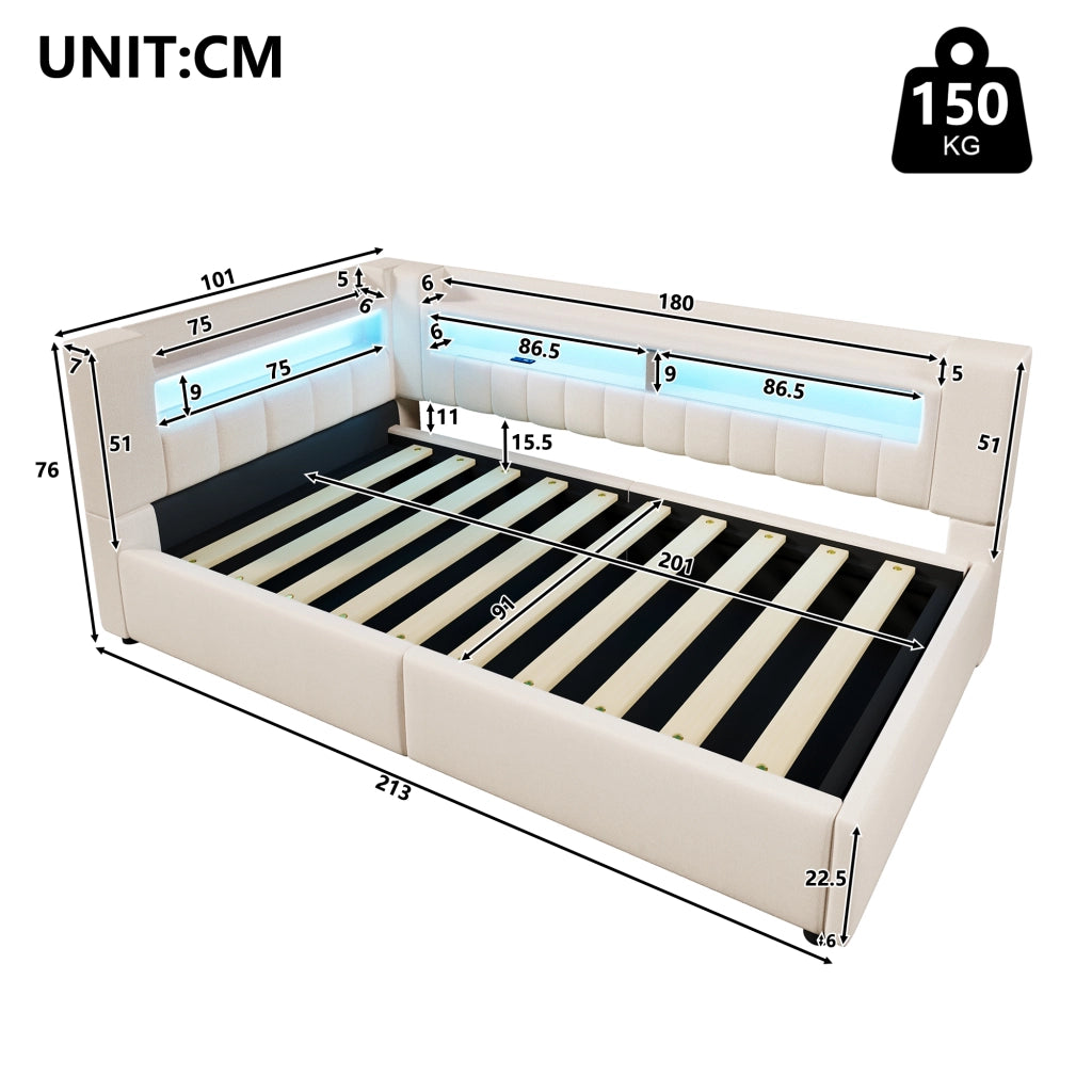Letto divano contenitore 90x200 cm in lino beige con apertura idraulica; LED; USB e USB-C