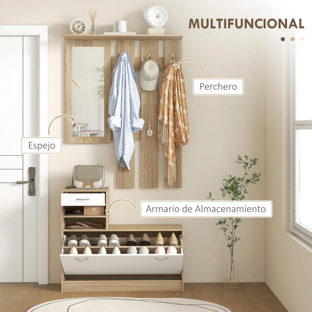 Appendiabiti con specchio e scarpiera ¨C zephmum ¨C 2 pezzi, legno naturale, con cassetto e ripiani