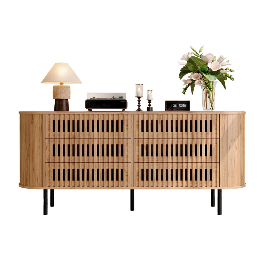 Credenza con 6 cassetti; per soggiorno e ingresso; in MDF; 160x40x70 cm; naturale