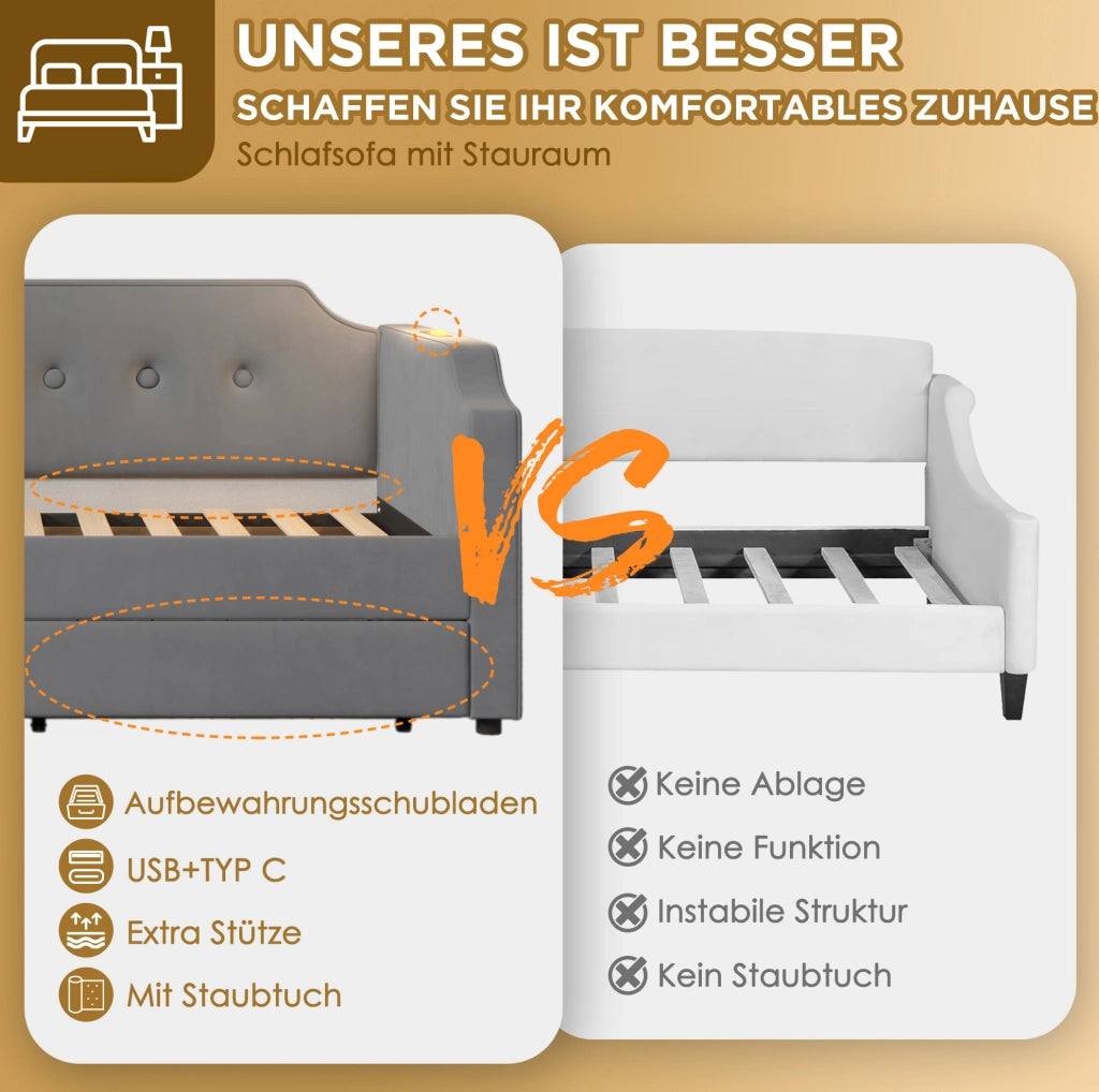 Letto singolo imbottito 90x200 cm con USB-C, cassetti e luce