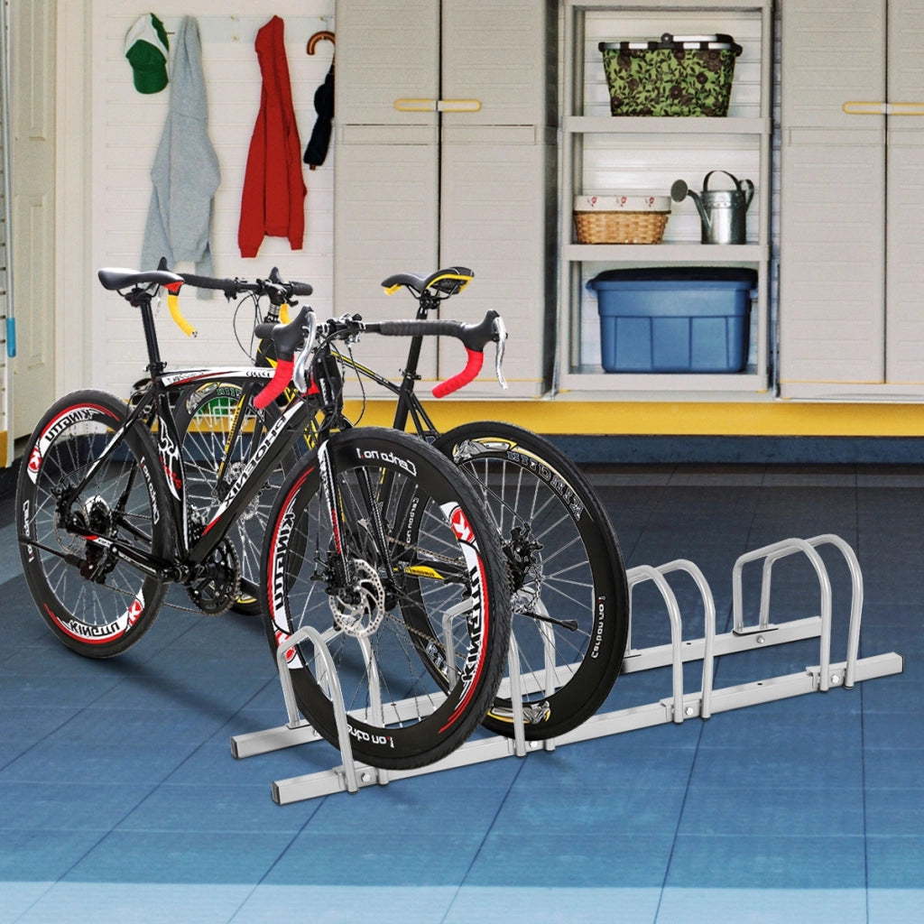 Rastrelliera per biciclette in telaio d'acciaio, Portabiciclette Parcheggio per 4 bici, Argento-Ciclismo