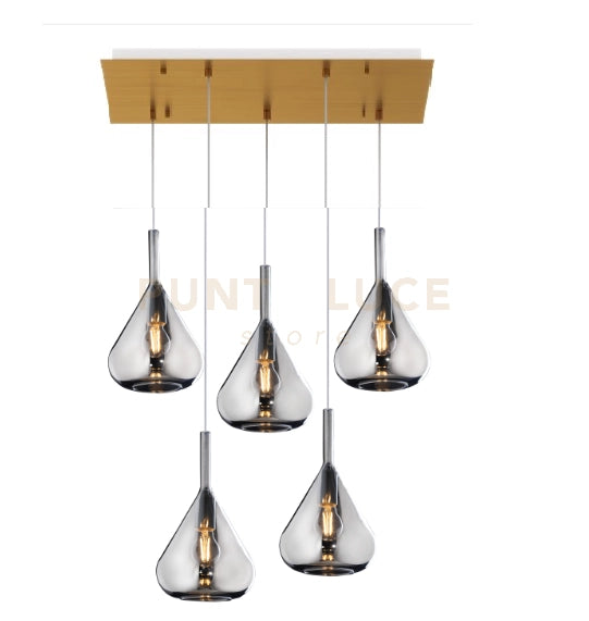 SOSPENSIONE OTTONE SAT. 5 LUCI RETTANGOLARE VETRI FUME 1177OS-S5 R-FU
