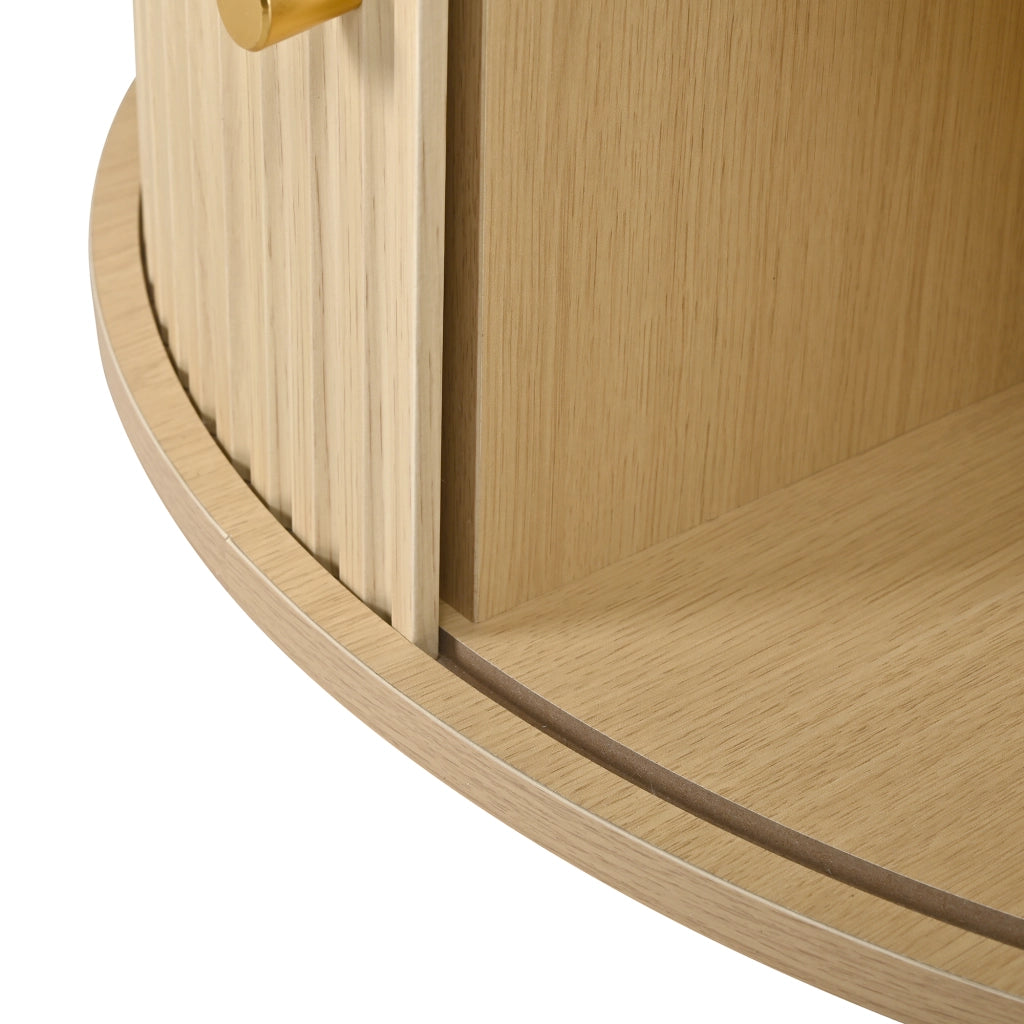 Tavolino basso rotondo con 2 ante scorrevoli, 4 vani interni e struttura in MDF, naturale, 72 × 72 × 38 cm