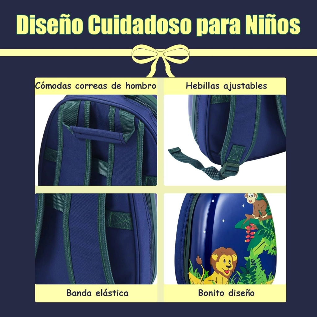 Set di Valigia 16’’ + Zaino 12’’ per Bambini 2 Pezzi, Bagagli 2-in-1 con Zainetto da Viaggio Aereo, Trolley con Maniglia Telescopica e 4 Ruote a 360° (Blu Jungla)