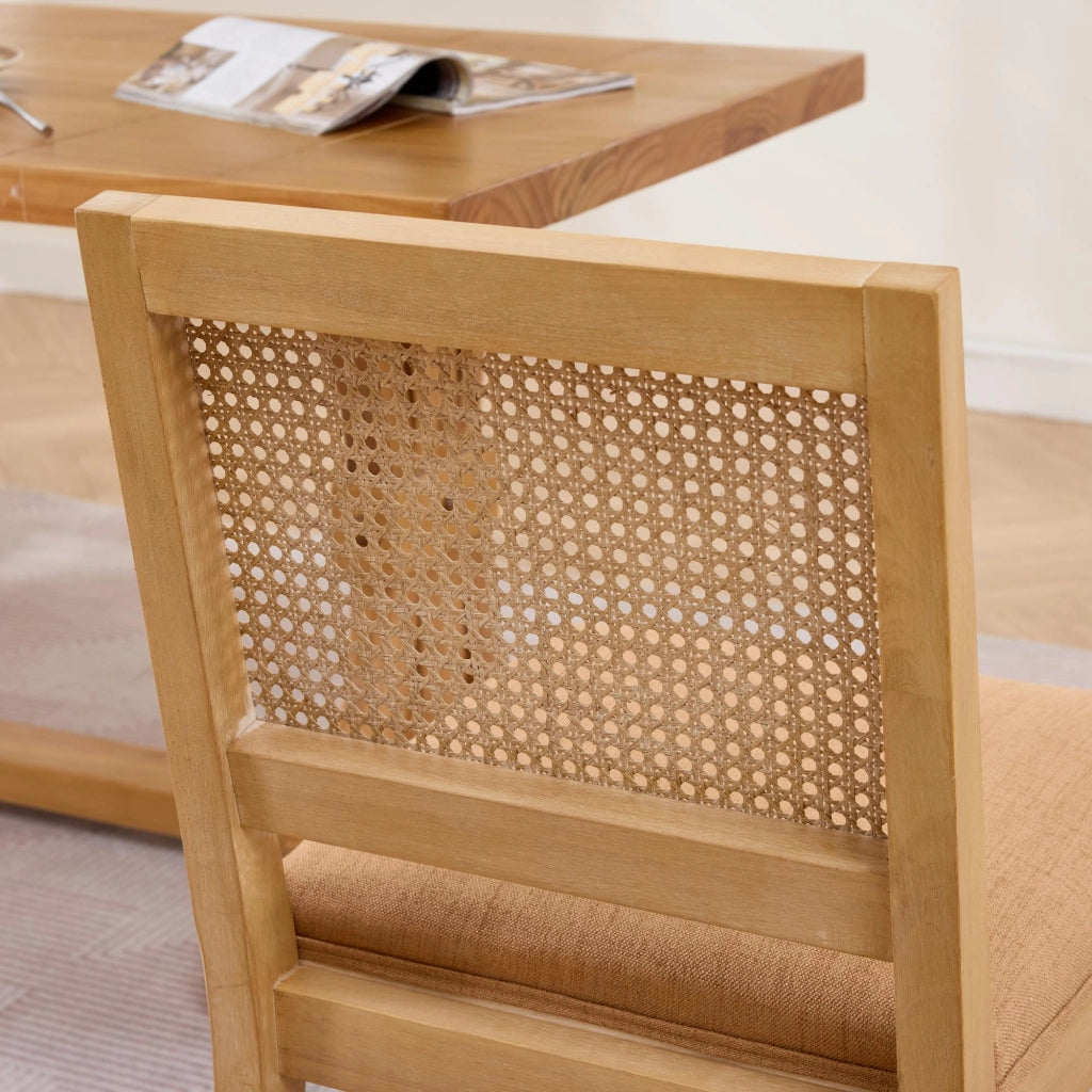 Set di 2 sedie da pranzo, schienale in vimini, stile rustico, struttura in legno, seduta imbottita, color legno naturale e marrone chiaro