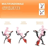 Cyclette Pieghevole 2 in 1, Resistenza Magnetica Regolabile 8 Livelli, Cyclette da Casa Silenziosa con Sensore di Frequenza Cardiaca, Elastici per Braccia, Schermo LCD, Volano 2.5kg, Rosso