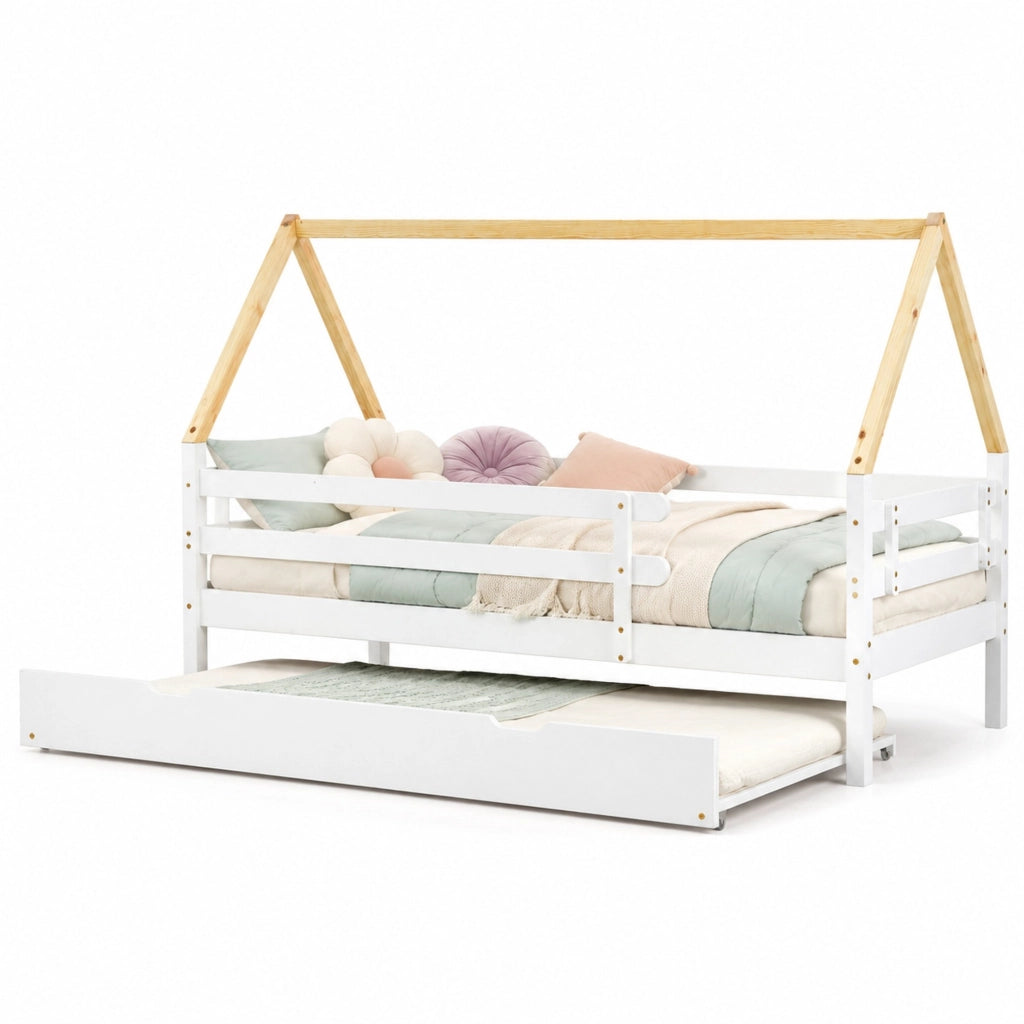 Letto per bambini a casetta con letto estraibile 90x200 cm in legno; bianco e naturale