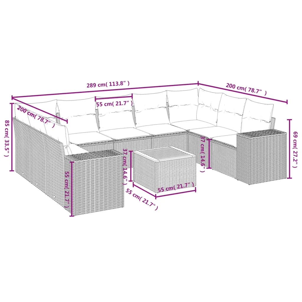 Set Divani da Giardino 10pz con Cuscini in Polyrattan Nero 3257918