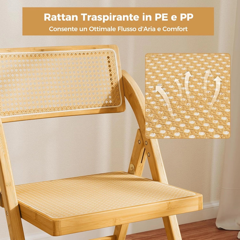 Set di 2 Sedie Pieghevoli in Rattan, Sedie da Sala Pranzo in Bambù con Schienale Rotolante, Sedie Stile Boho Senza Necessità di Montaggio, Capacità di 150 kg, per Cucina e Soggiorno, Naturale