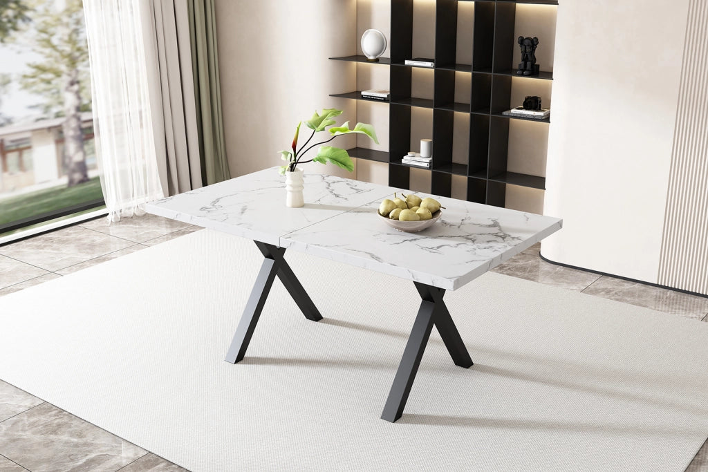 Tavolo moderno con gambe incrociate, piano effetto marmo, in MDF e metallo, 140×80×76 cm