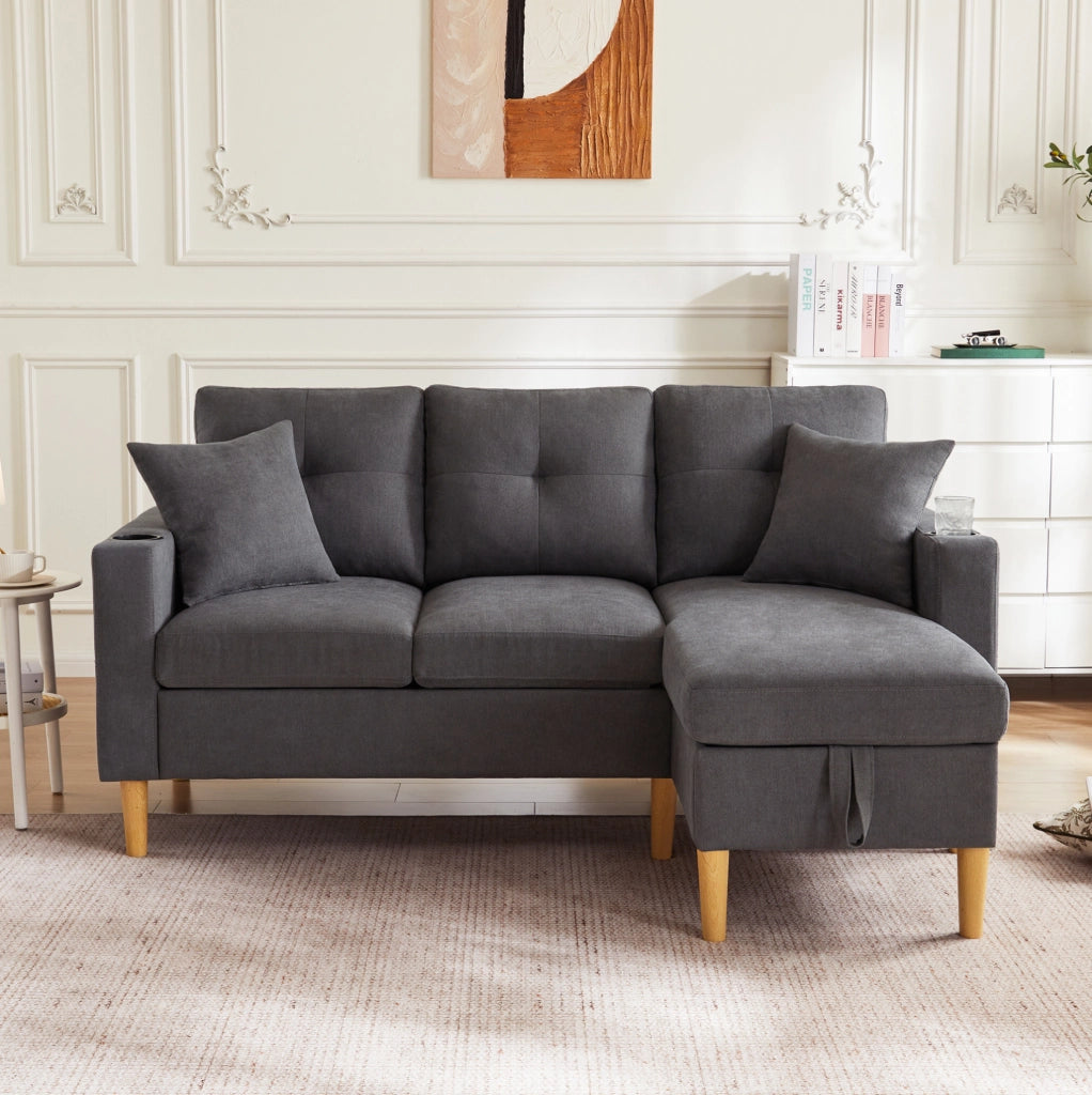 Divano 175x129x90 cm con chaise longue reversibile; contenitore e portabicchieri in cotone e lino grigio scuro