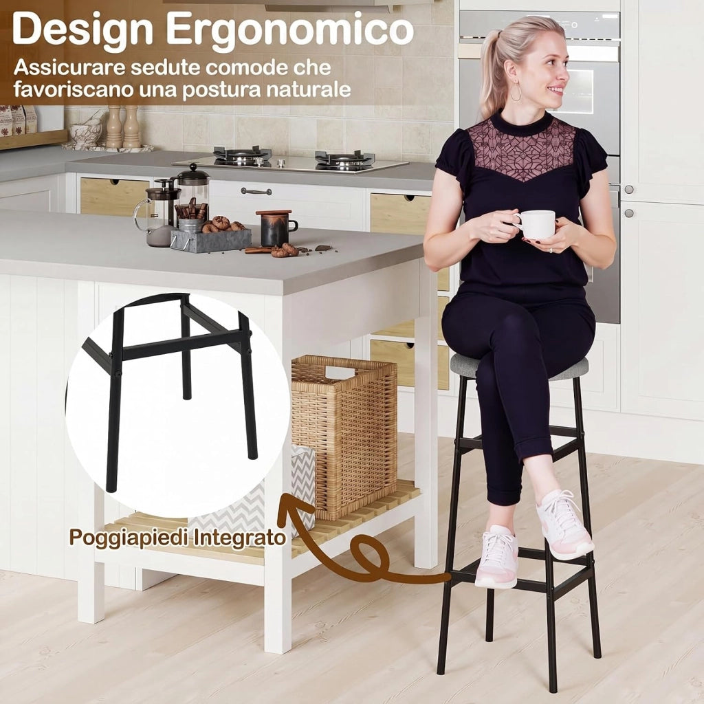 Set di 2 Sgabelli Alti Rotondi da Bar (Grigio) | Sgabelli con Seduta Imbottita, Pioggiapiedi Ergonomico, Portata 150 kg per Cucina e Sala da Pranzo, 33,5 x 33,5 x 73 cm