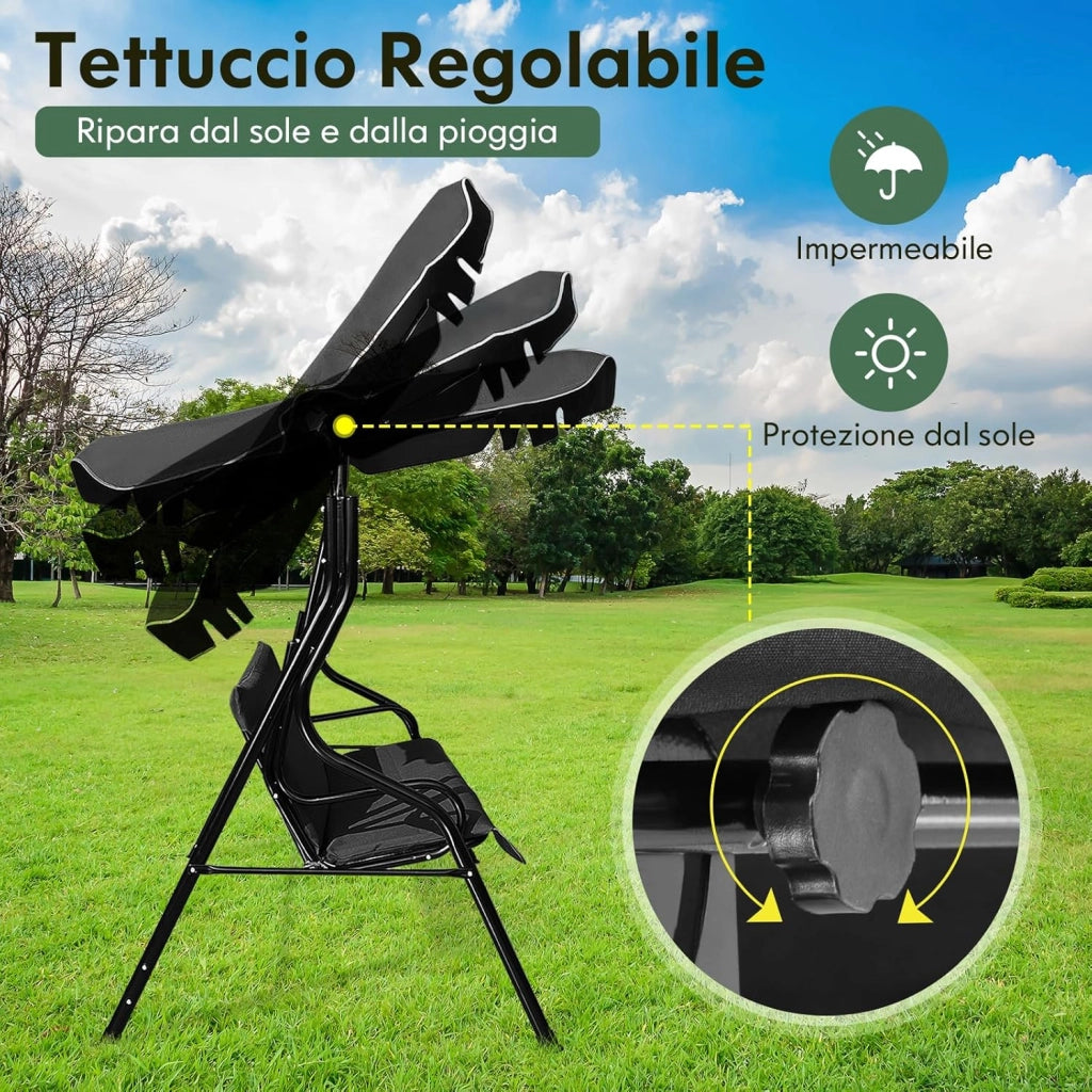 Dondolo da Giardino 3 Posti con Tettuccio Regolabile, Cuscino Removibile, Sedia Sospesso con Struttura in Metallo, Portata 225 kg, 172 x 110 x 154 cm (Nero)