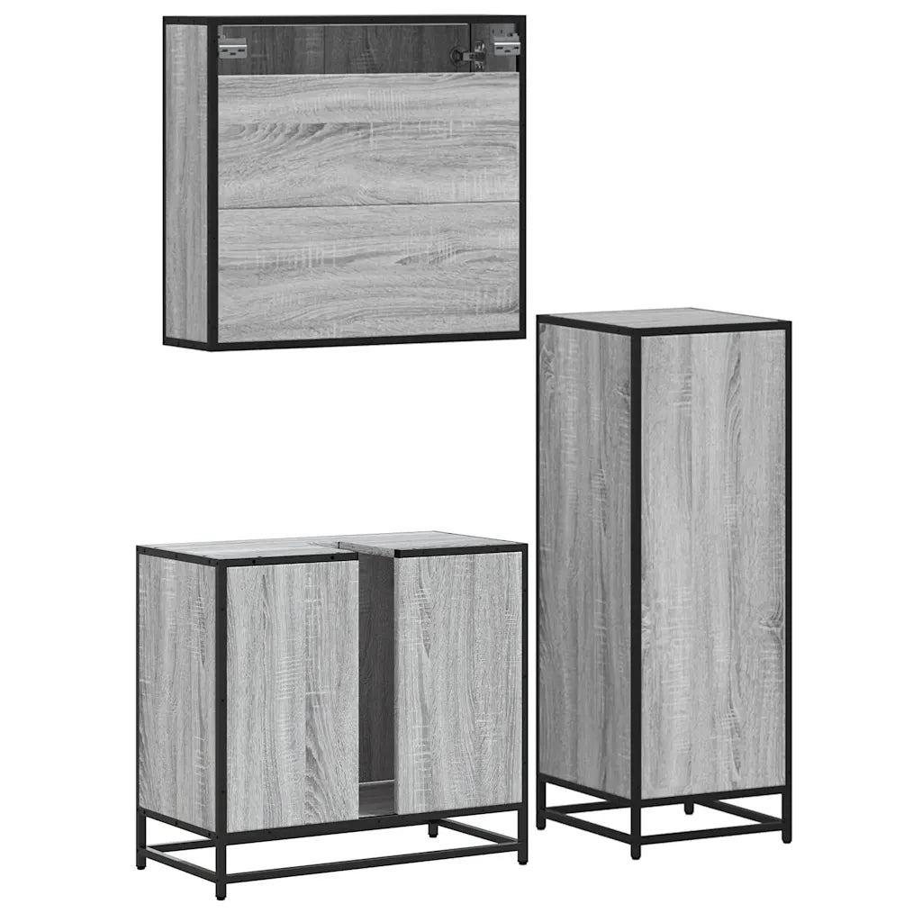 Set Mobili da Bagno 3 pz Grigio Sonoma in Legno Multistrato