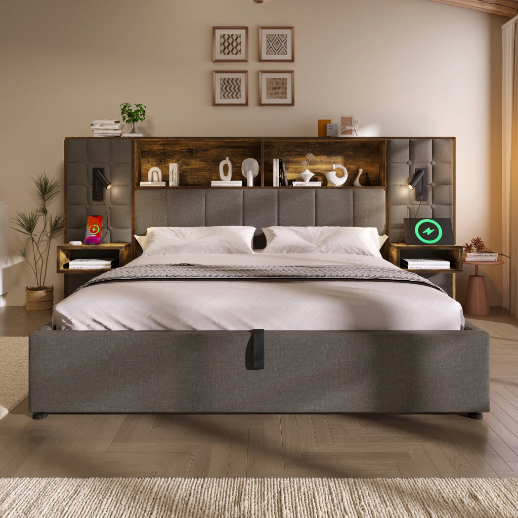 LETTO 160x200 cm in lino grigio con luci di lettura, USB e tavolini