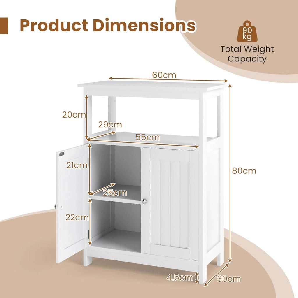 Armadietto da bagno con ripiano aperto e doppia porta, 60 x 30 x 80 cm, con sistema di sicurezza ribaltabile, armadietto multiuso per soggiorno, bagno e cucina (bianco)