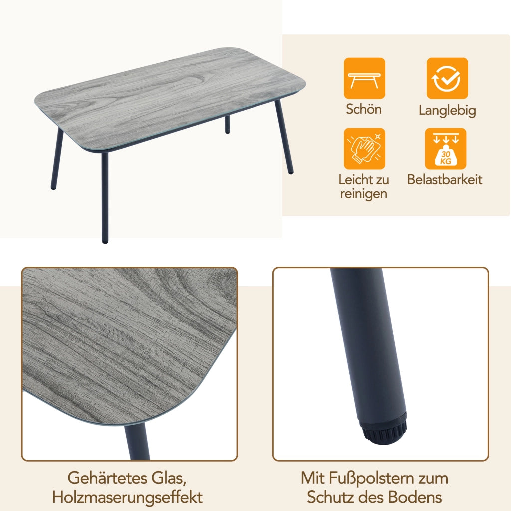 Set mobili giardino 7 posti: rattan PE; acciaio zincato; vetro effetto legno; cuscini lavabili; grigio
