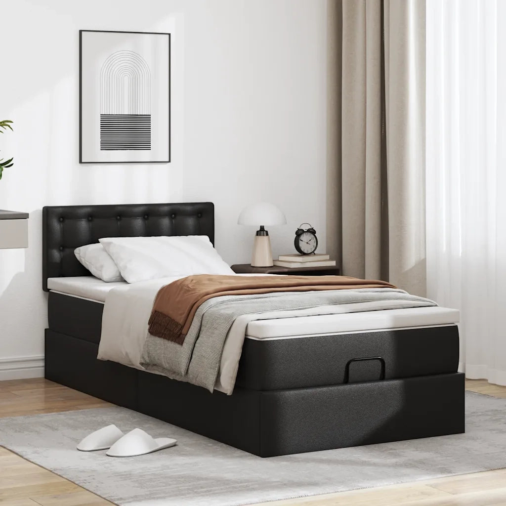 Struttura Letto Pouf con Materasso Nero 100x200 cm Similpelle