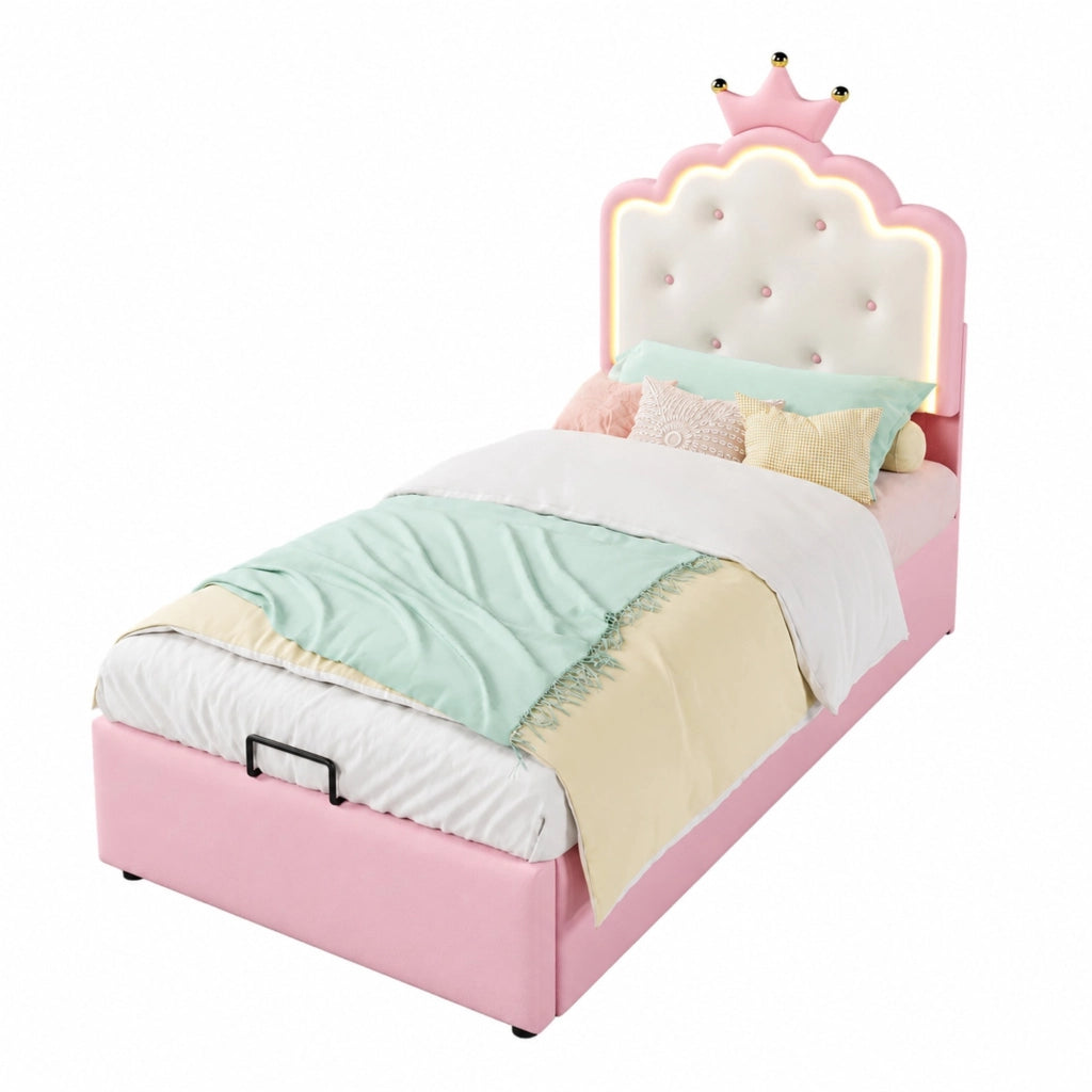 Letto per bambini imbottito 90x200 cm in PU e MDF con luce LED e contenitore; rosa
