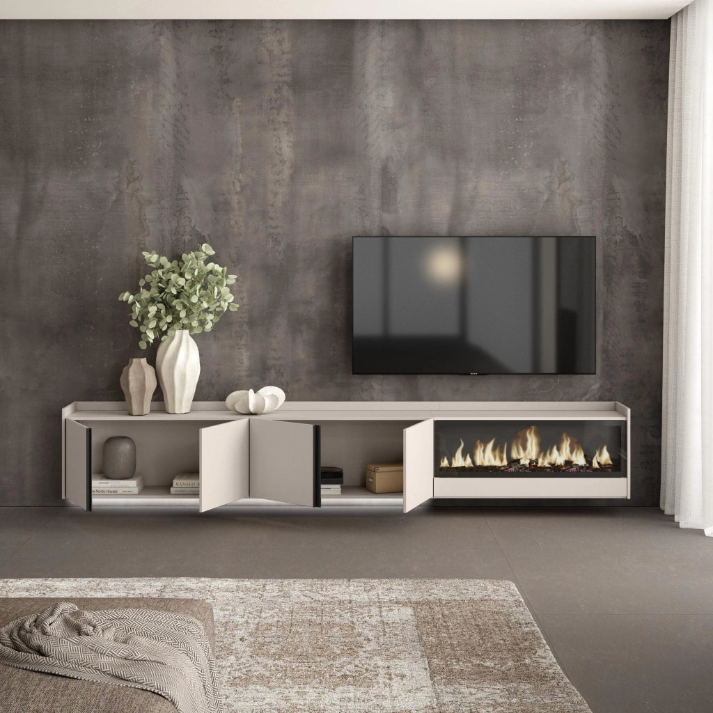 Mobile TV Soggiorno, 315x50x35 cm, Per TV fino a 80", Camino elettrico XXL, Sospeso, da appendere, LED, Beige