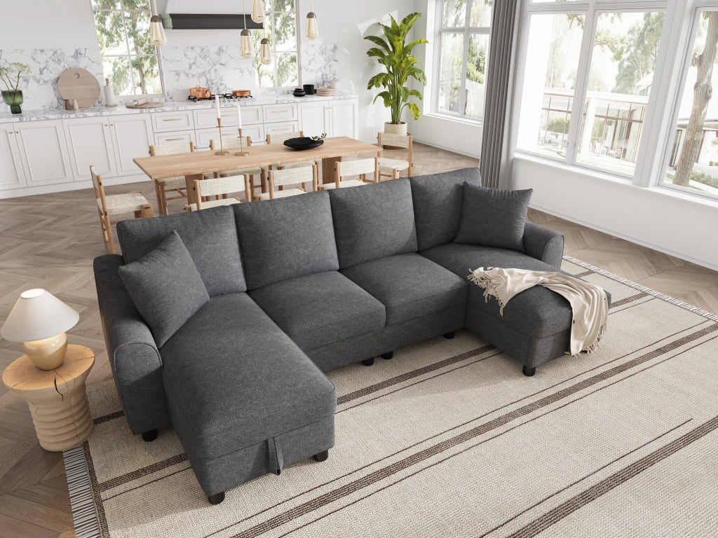 Divano panoramico a U modulare con contenitore nelle chaise longue e cuscini, in ciniglia grigio 280 × 137 × 84 cm