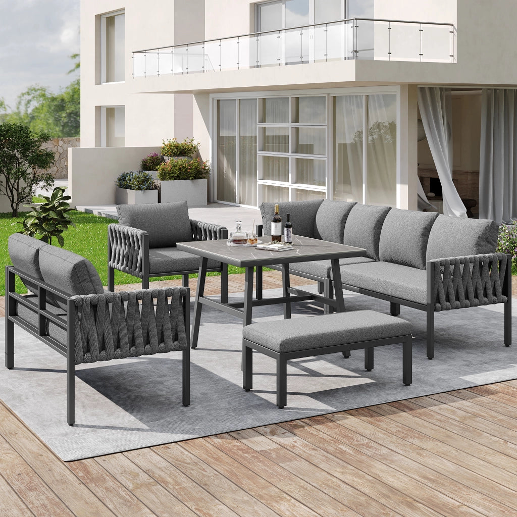 Salotto da Giardino con 2 Divani; 1 Poltrona; 1 Panca e 1 Tavolo; Schienale Alto; Cuscini; per Terrazza; Metallo e Poliestere; Grigio