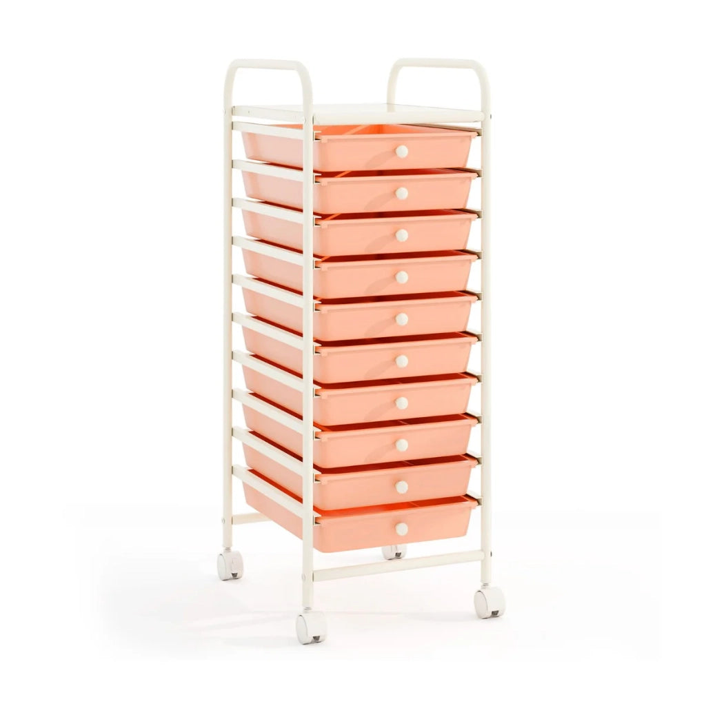 Pratico carrello portaoggetti con ruote 33 x 37 x 86 cm stile moderno in ferro e plastica bianco e rosa 20_0011356