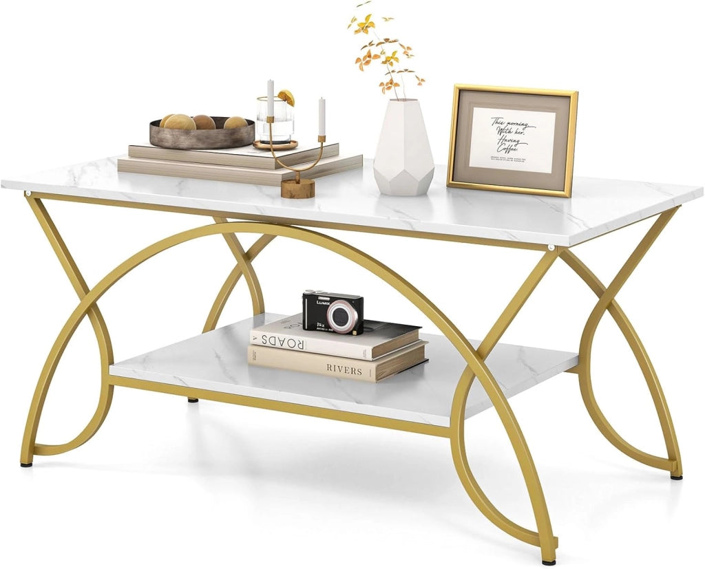 Tavolino da Caffè da Salotto, Tavolino Rettangolare a 2 Livelli con Struttura in Metallo, Tavolino Elegante e Moderno per Studio, Ufficio e Soggiorno, 100 x 50 x 45 cm (bianco e oro)