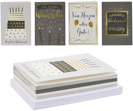 Set di cartoline per compleanni - 24 pezzi con buste - 4 motivi con foglia d'oro - 11,6 x 16,6 cm - Interno vuoto per messaggio personale - Cartoline di auguri