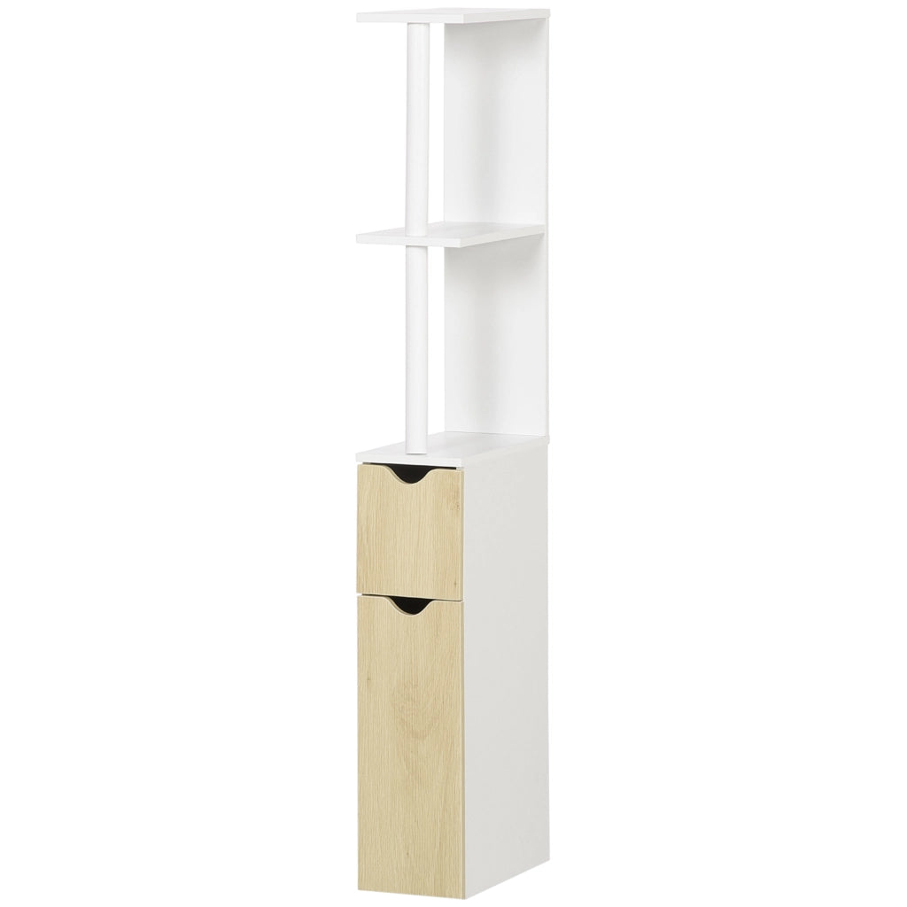 Colonna Bagno con 2 Ripiani e 2 Armadietti, Mobile Alto Salvaspazio 15.2x29.8x118 cm, Bianco e color Legno