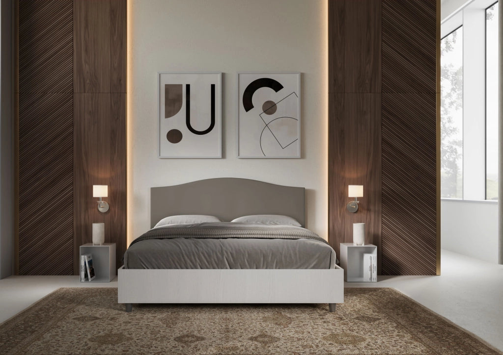 Letto Matrimoniale 160x190 cm con Rete e Contenitore Alzata Comoda Struttura Bianco Frassico e Testata in Similpelle