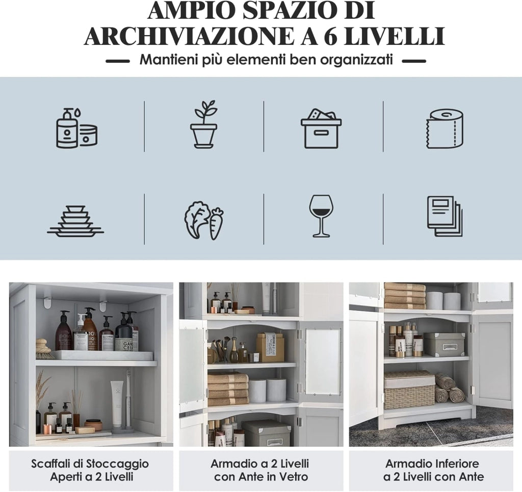 Armadio da Bagno, Mobiletto Alto da Terra con 2 Armadietti e Ripiani Regolabili, con Ante in Vetro, Mobile Portaoggetti Multiusi per Bagno Soggiorno, 60x30x163 cm (Bianco)
