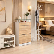 Scarpiera con ripiano in vetro e 2 ante a ribalta, divisorio a 2 posizioni, bianco e rovere chiaro 60 × 24 × 105,5 cm