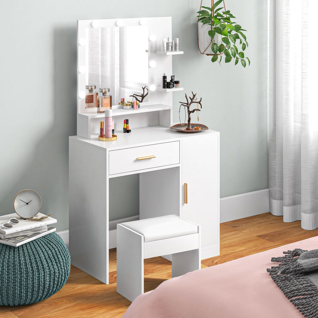 Cassettiera da trucco con specchio LED e sgabello ¨C zephmum ¨C bianco 60x40x
