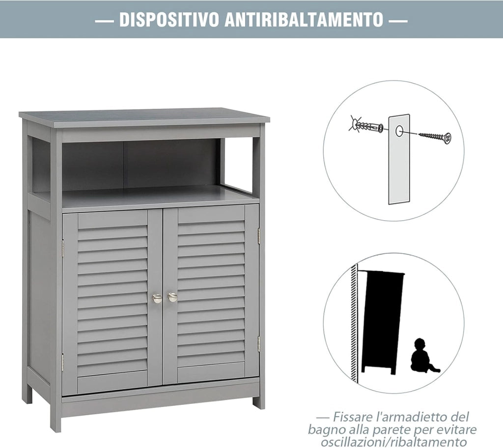 Armadietto del Bagno, Armadietto di Legno con Doppie Ante a Persiana e Mensola Regolabile, Armadio per Bagno Salone Camera da Letto (Grigio)
