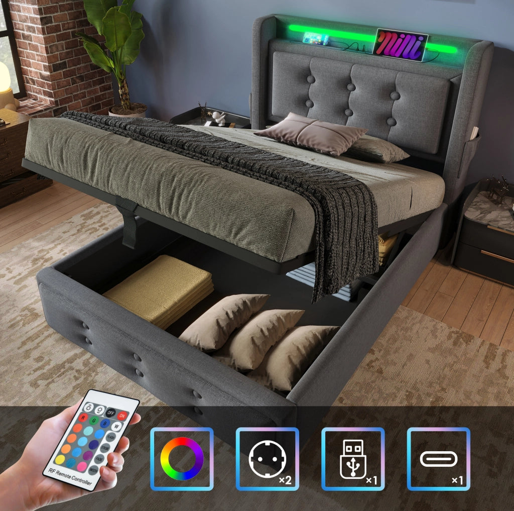 Letto singolo imbottito 90x200 con LED, prese e contenitore sollevabile