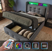 Letto singolo imbottito 90x200 con LED, prese e contenitore sollevabile