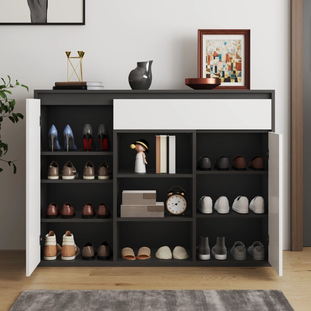 OKWISH Scarpiera con 2 Ante, 1 Cassetto, Ripiani Regolabili e LED, per Ingresso, Nero, 105 x 39.5 x 86 cm