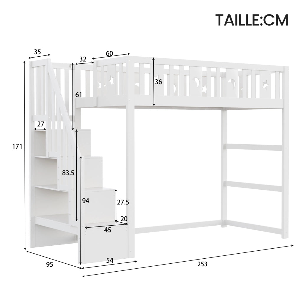 Letto a castello bambino 90×200 cm con scala; ripiani e barriera; senza materasso; legno massiccio; bianco