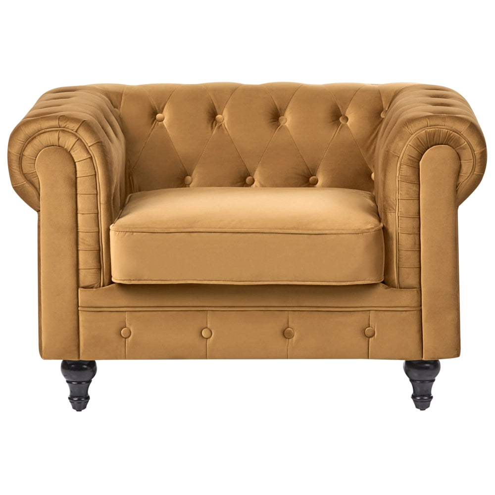 Set da soggiorno Chesterfield con rivestimento in velluto oro con gambe nere divano a 3 posti + poltrona