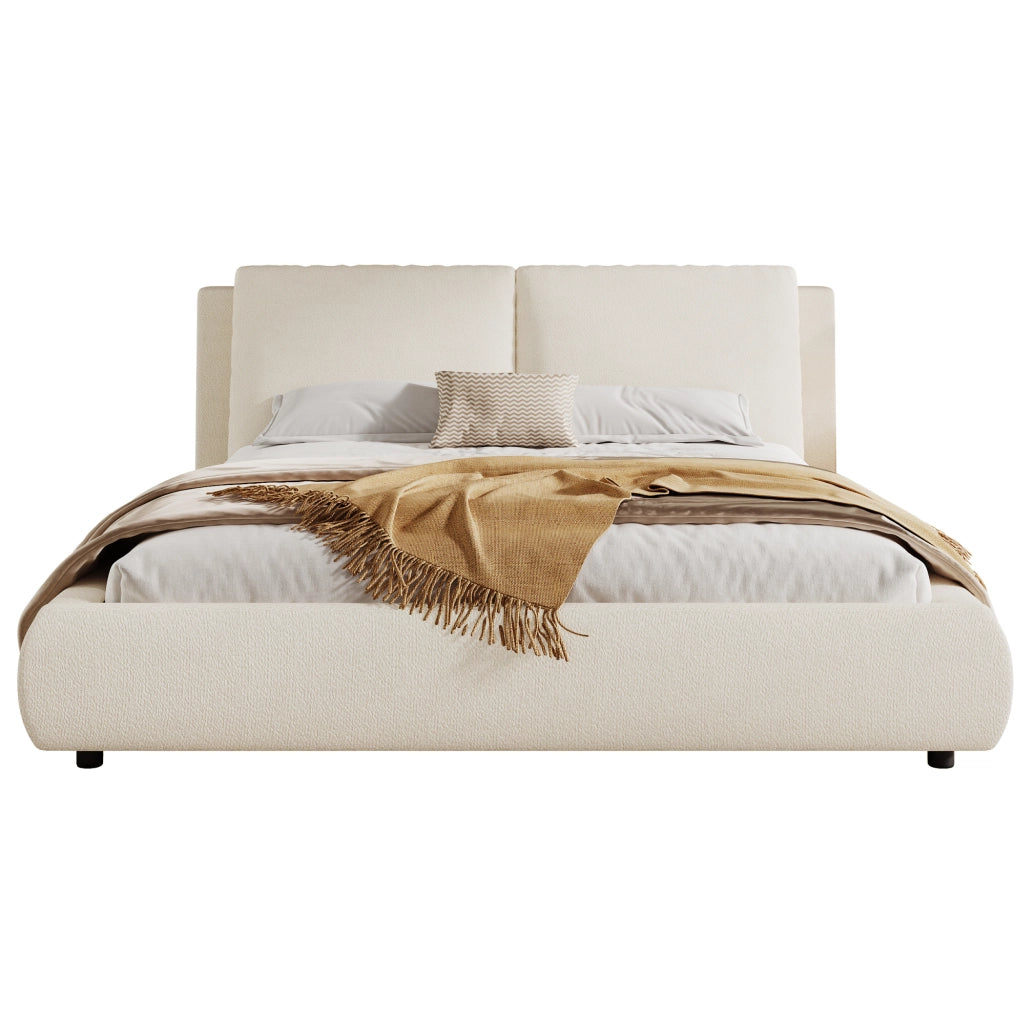 Letto matrimoniale imbottito in bouclé beige con rete inclusa