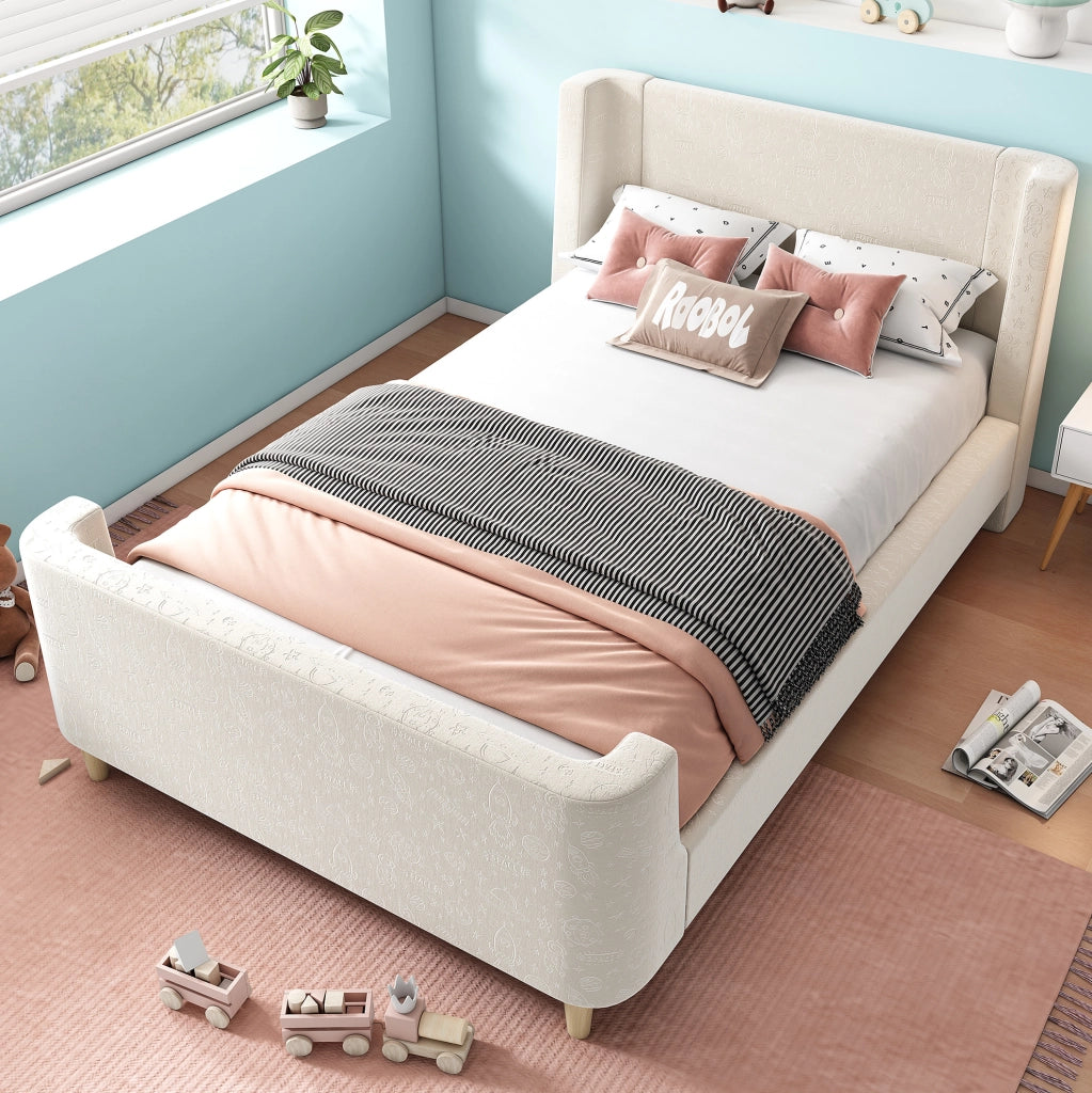Letto singolo a slitta 90x200 cm in velluto beige con motivo spaziale per ?????ini