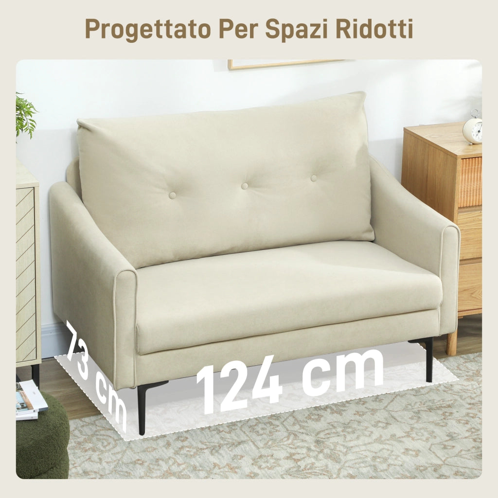 Divano 2 Posti Design Moderno 124x73x92 cm Schienale Trapuntato a Bottoni e Rivestimento in Velluto Crema