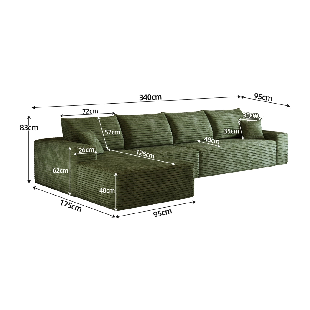 Divano ad angolo modulare con chaise longue e schiuma ad alta elasticità senza montaggio in tessuto verde