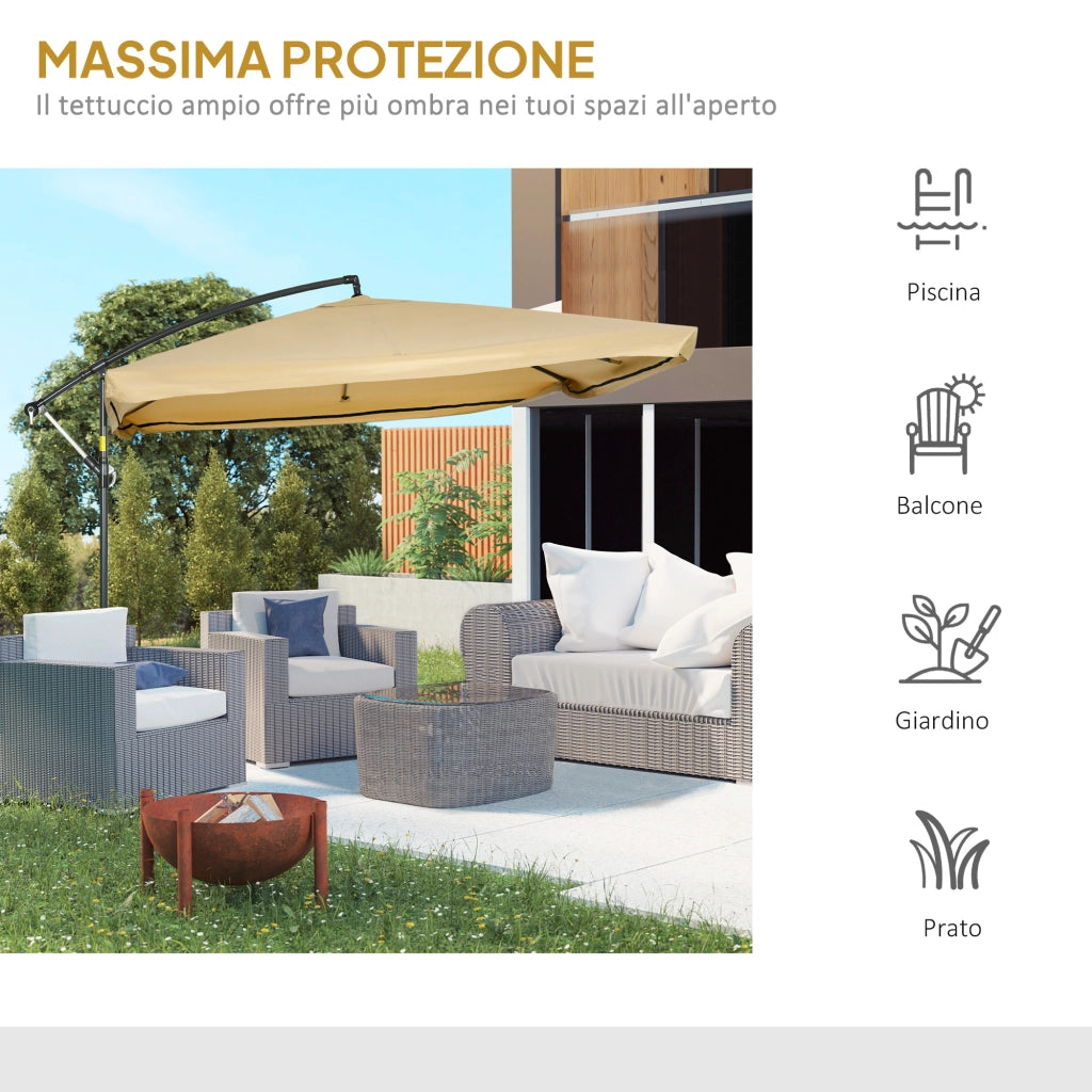 Ombrellone da Giardino a Braccio Inclinabile 295x295x260 cm Apertura a Manovella e Zanzariera Beige