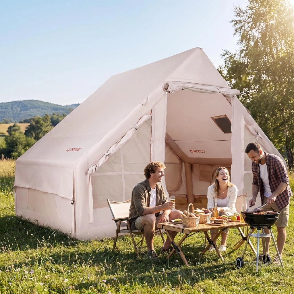 Tenda da Campeggio Gonfiabile, Tenda da Esterno in Tessuto Oxford Impermeabile con Porte, Finestre, Apertura del Camino, Pompa e Borsa da Trasport per 4 Persone, per Viaggi e Escursionie