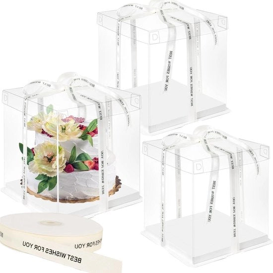 Taarte in plastica trasparente - 3 pezzi con confezione regalo con fiocchi - per dessert e forno - tre misure