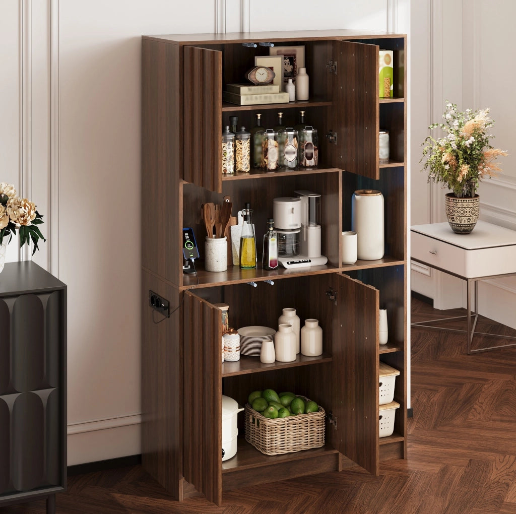 Colonna cucina 105x40x180 cm in MDF marrone, LED, prese e contenitore