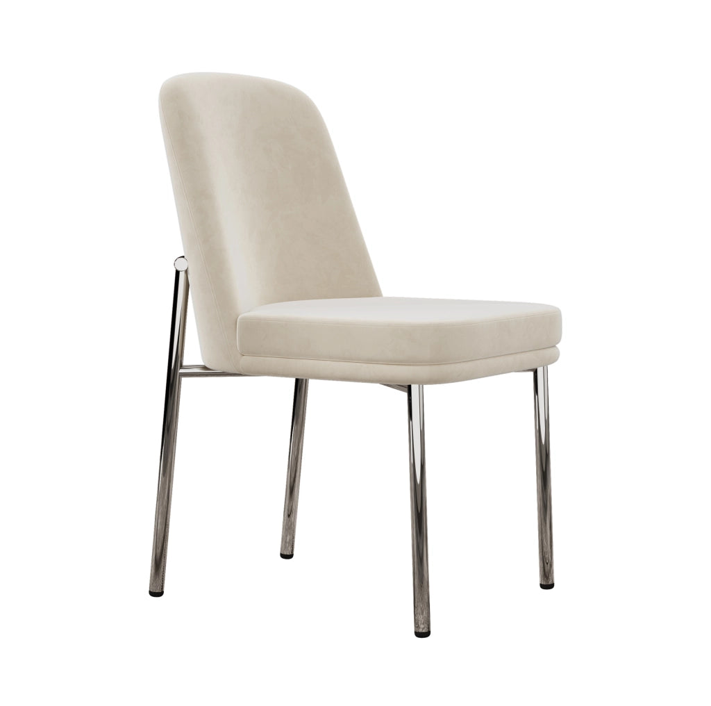 Set di 4 sedie da pranzo in velluto beige; con struttura in metallo cromato e seduta imbottita